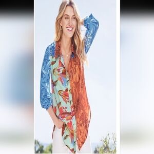 EUC SOFT SURROUNDINGS HERMOSA BOTANICAL ART PEARL BUTTON TUNIC BLOUSE SIZE L